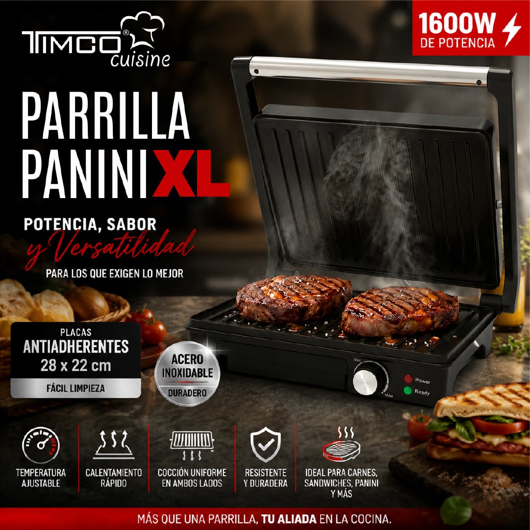 Parrilla Panini Grande TIMCO 1600W Sandwichera Profesional Acero Inoxidable Placas Antiadherentes 28×22 cm PANINI510M — imagen 5