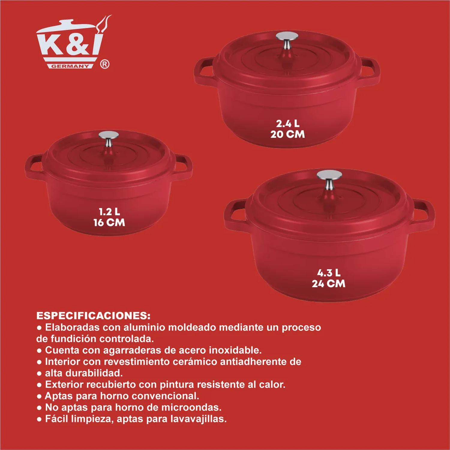 Juego 3 Ollas Cacerolas K&I Germany 1.2L 2.4L 4.3L Tapa Estilo Le Creuset — imagen 2