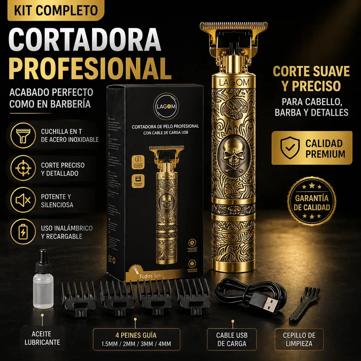 Rasuradora Eléctrica Recargable Profesional. Cortadora de Cabello Profesional Inalámbrica para Hombre Máquina para Cortar Cabello Recargable USB con 4 Peines Trimmer Barba Kit Completo — imagen 2