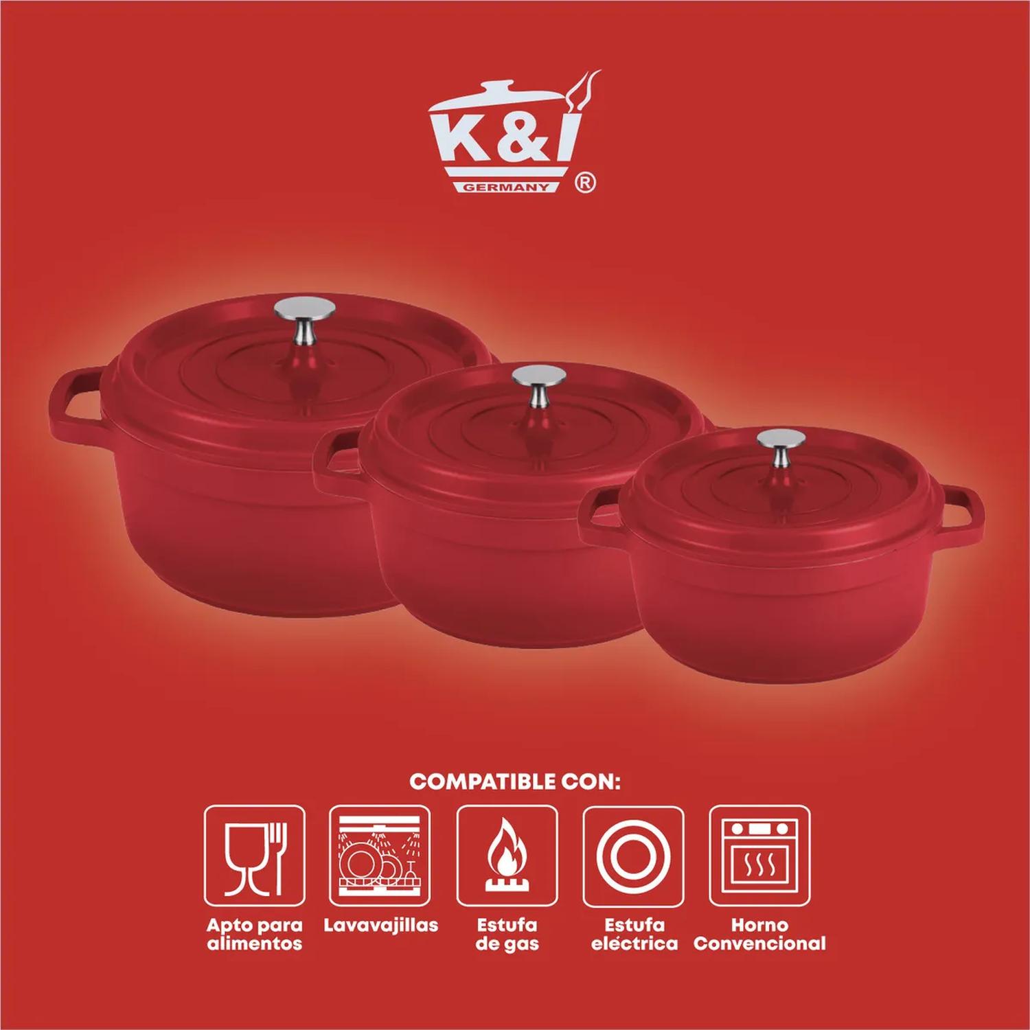 Juego 3 Ollas Cacerolas K&I Germany 1.2L 2.4L 4.3L Tapa Estilo Le Creuset — imagen 6
