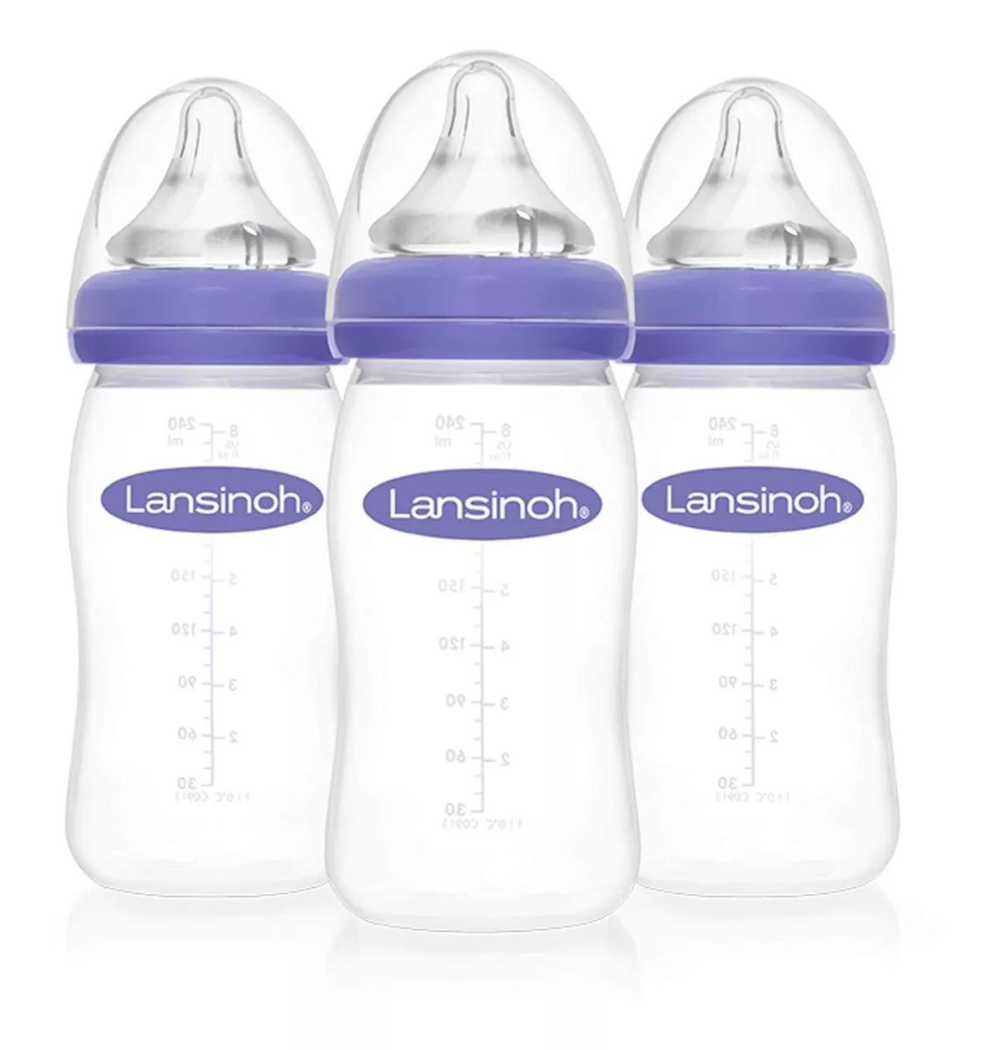Set De 3 Biberones Lansinoh Naturalwave 8oz Anticólicos Color Violeta — imagen 1