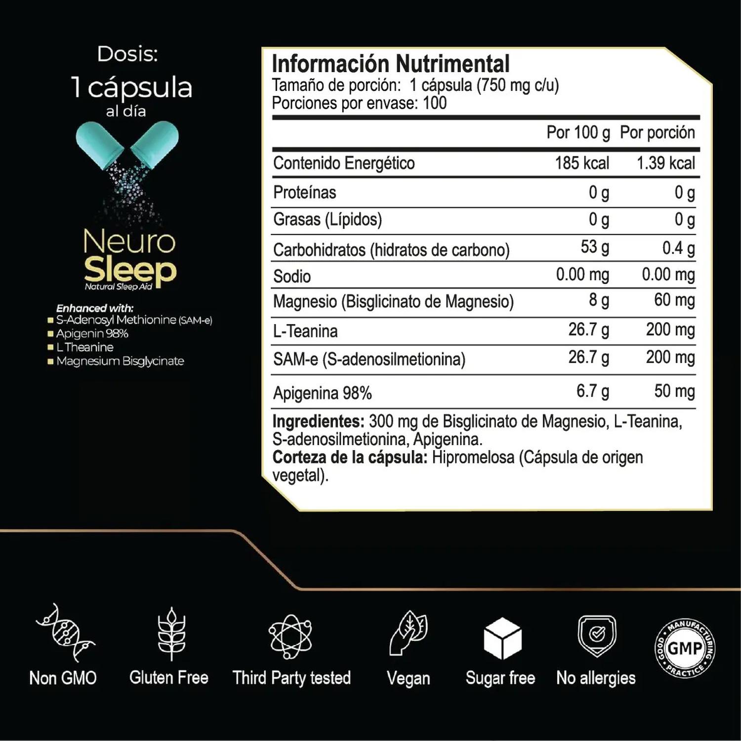 Neuro Sleep: Magnesio Bisglicinato + Teanina + Apigenina + SAM-e, Auxiliar de Sueño, 100 Cápsulas — imagen 4