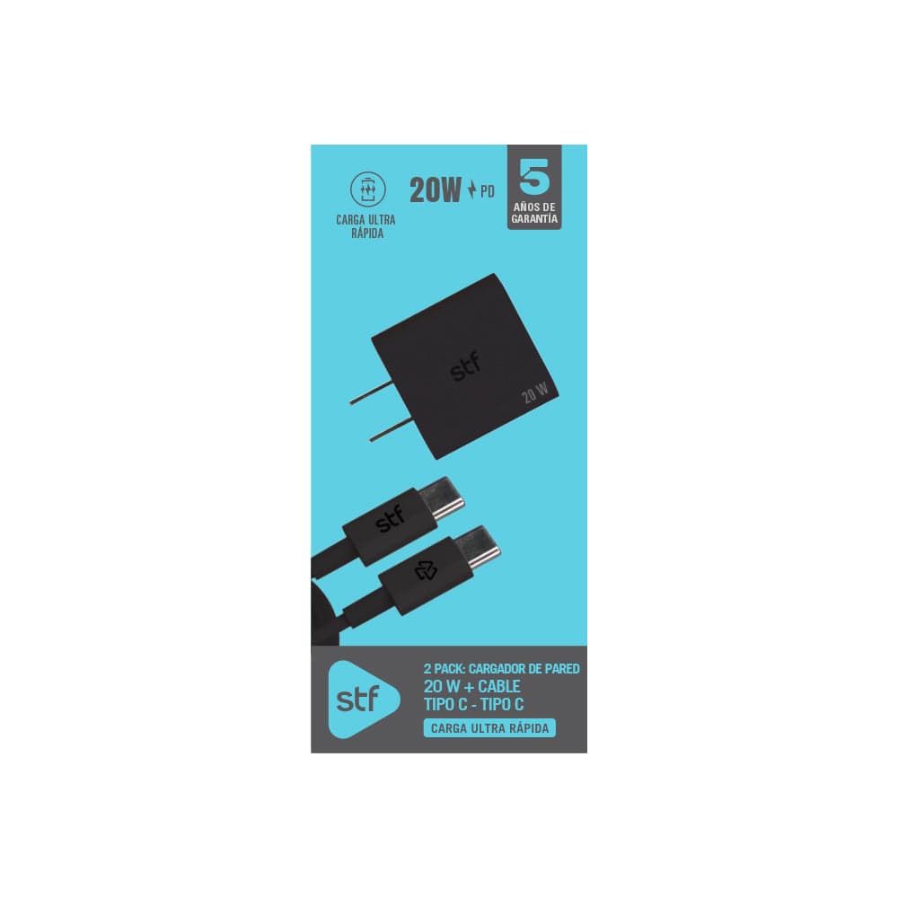 2 Pack STF: Cargador de pared 20W + Cable USB-C a USB-C 60W, Carga ultra rápida — image 5
