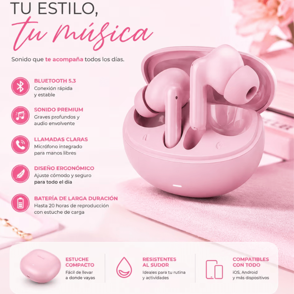 Combo Smartwatch Futurem FM13 + Audífonos g-tide L42 Bluetooth Ultra Compactos Rosa — imagen 4