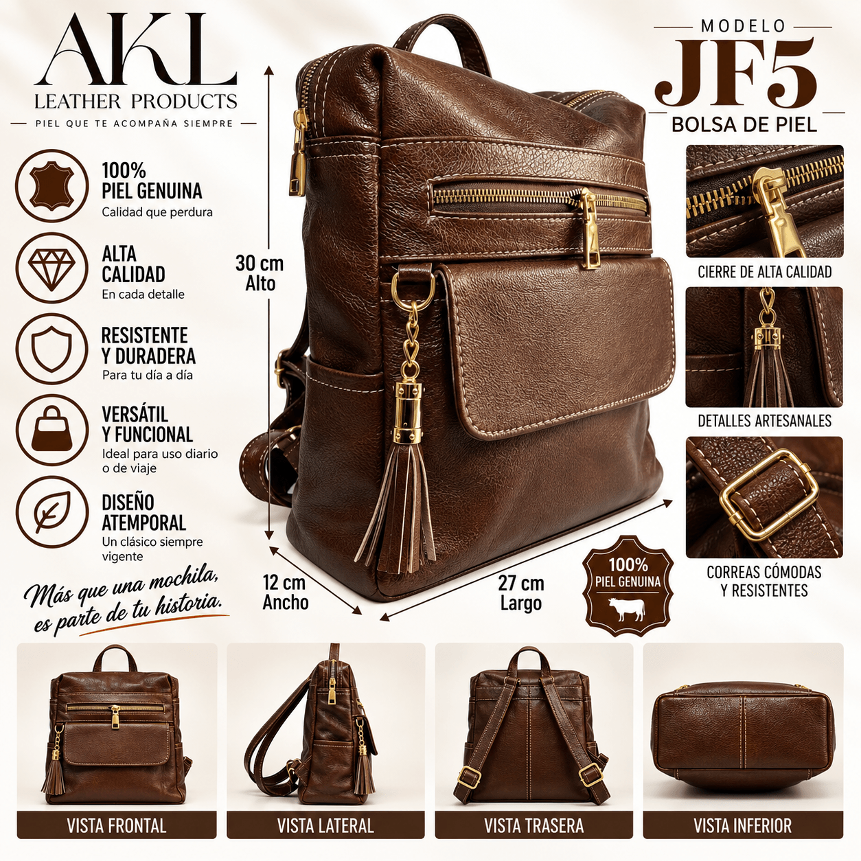 Mochila Bolsa Mariconera 3 En 1 De Piel Legitima Suave Para Dama Jf5 — imagen 2