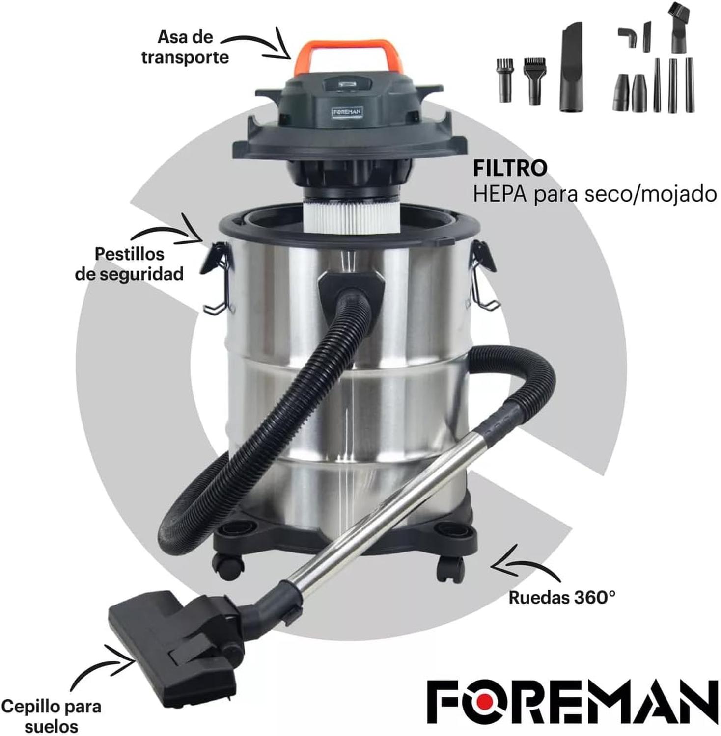 Aspiradora Foreman 35L 2200W Acero Inoxidable Seco Húmedo — imagen 4