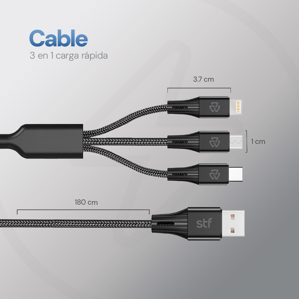 Cable 3 en 1 USB a Micro USB/Tipo C/Lightning Carga Rápida 2A 1.8m — imagen 3