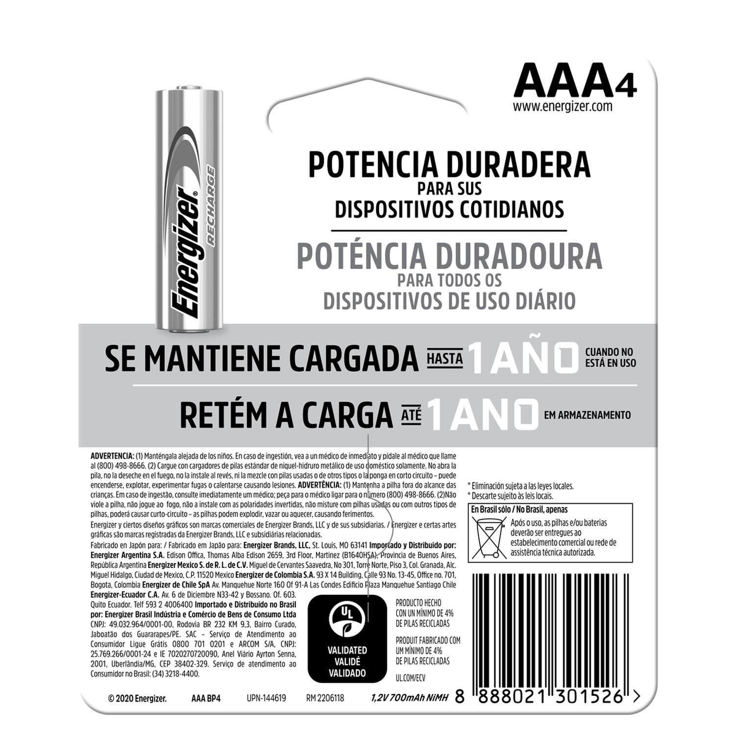 Pilas Recargables Energizer Aaa 700 Mah Blister 4 Unidades — imagen 2
