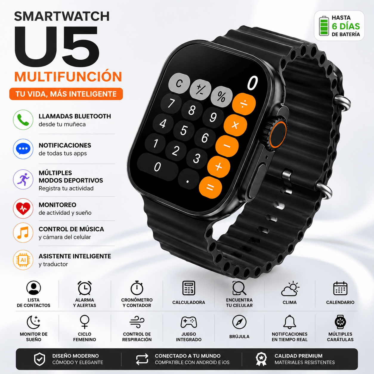 Smartwatch U5 Multifunción con Llamadas, Mensajería e Inteligencia Artificial — imagen 5