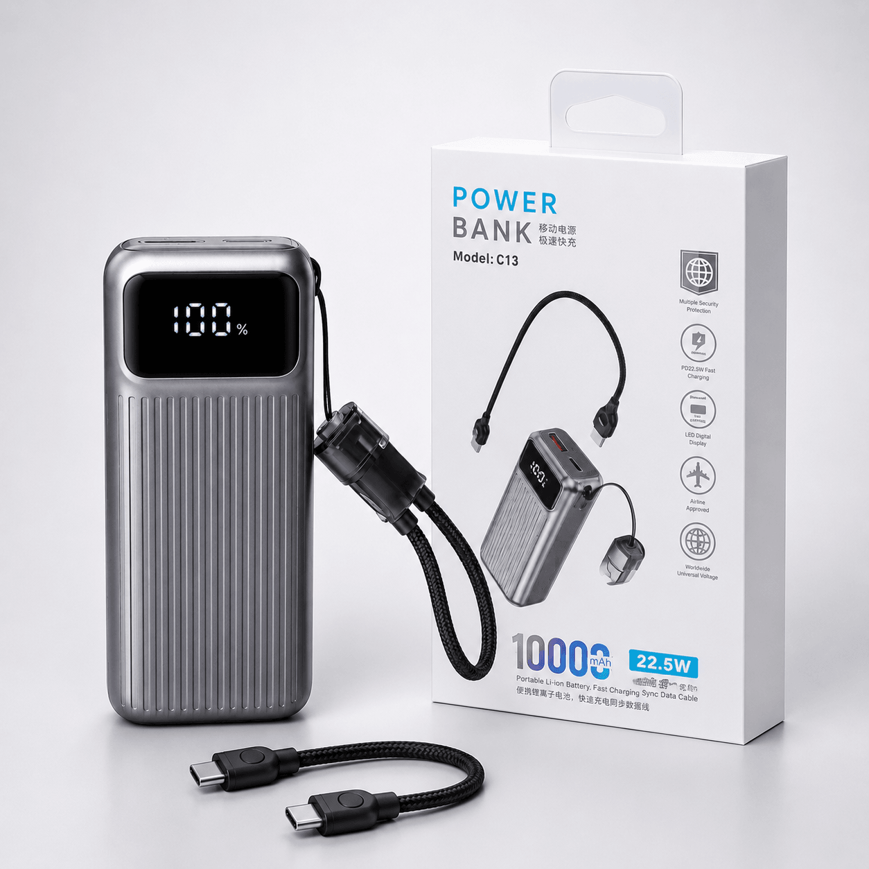 Power Bank C13 10,000mAh 22.5W Carga Rápida con Cables Integrados y Pantalla Digital — imagen 4