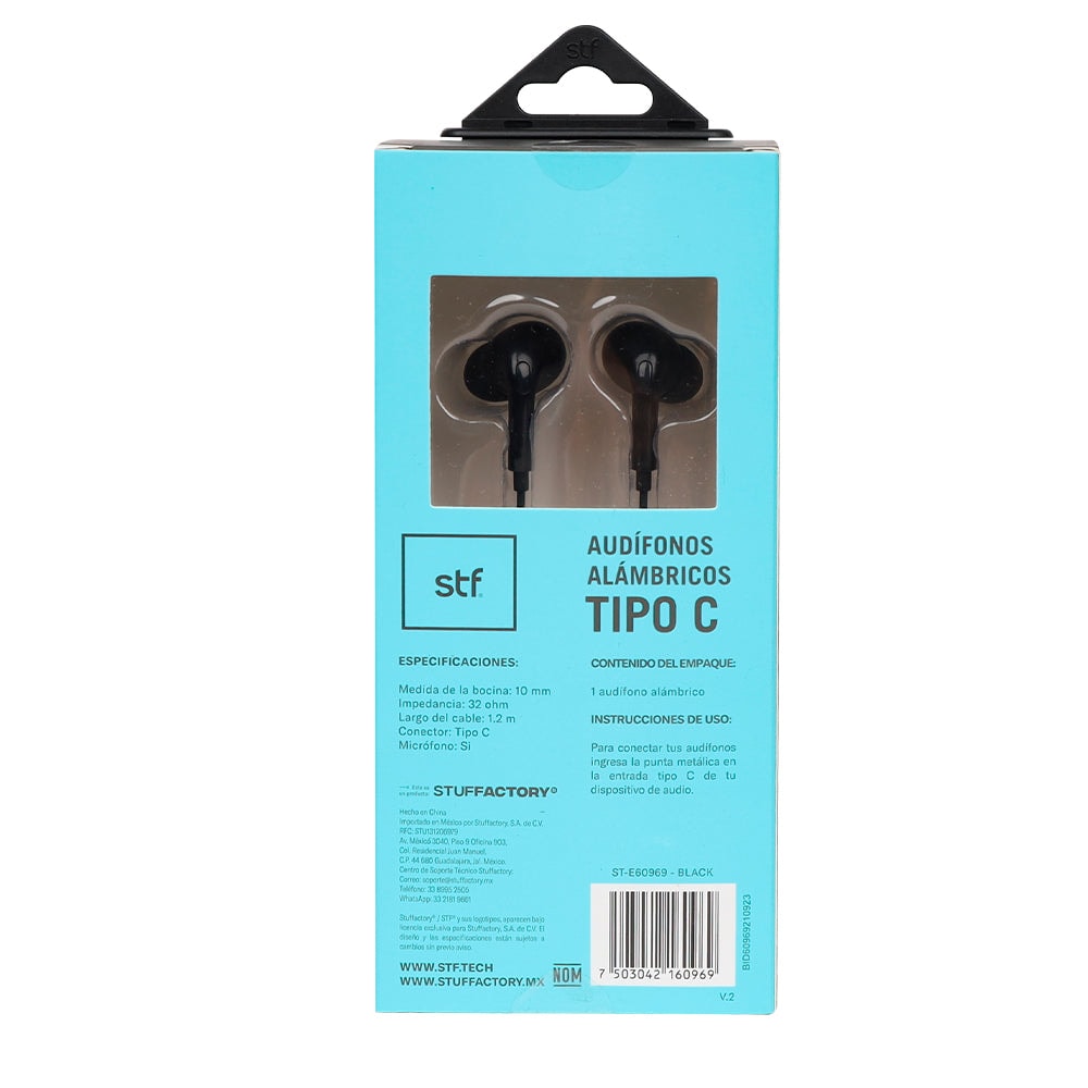 Audífonos alámbricos In ear STF: Tipo C, Manos libres con micrófono, Negro — imagen 5