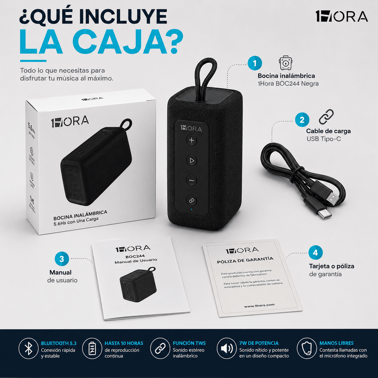 Bocina Bluetooth 1HORA BOC244 Negra Portátil con Sonido Estéreo y TWS — imagen 5