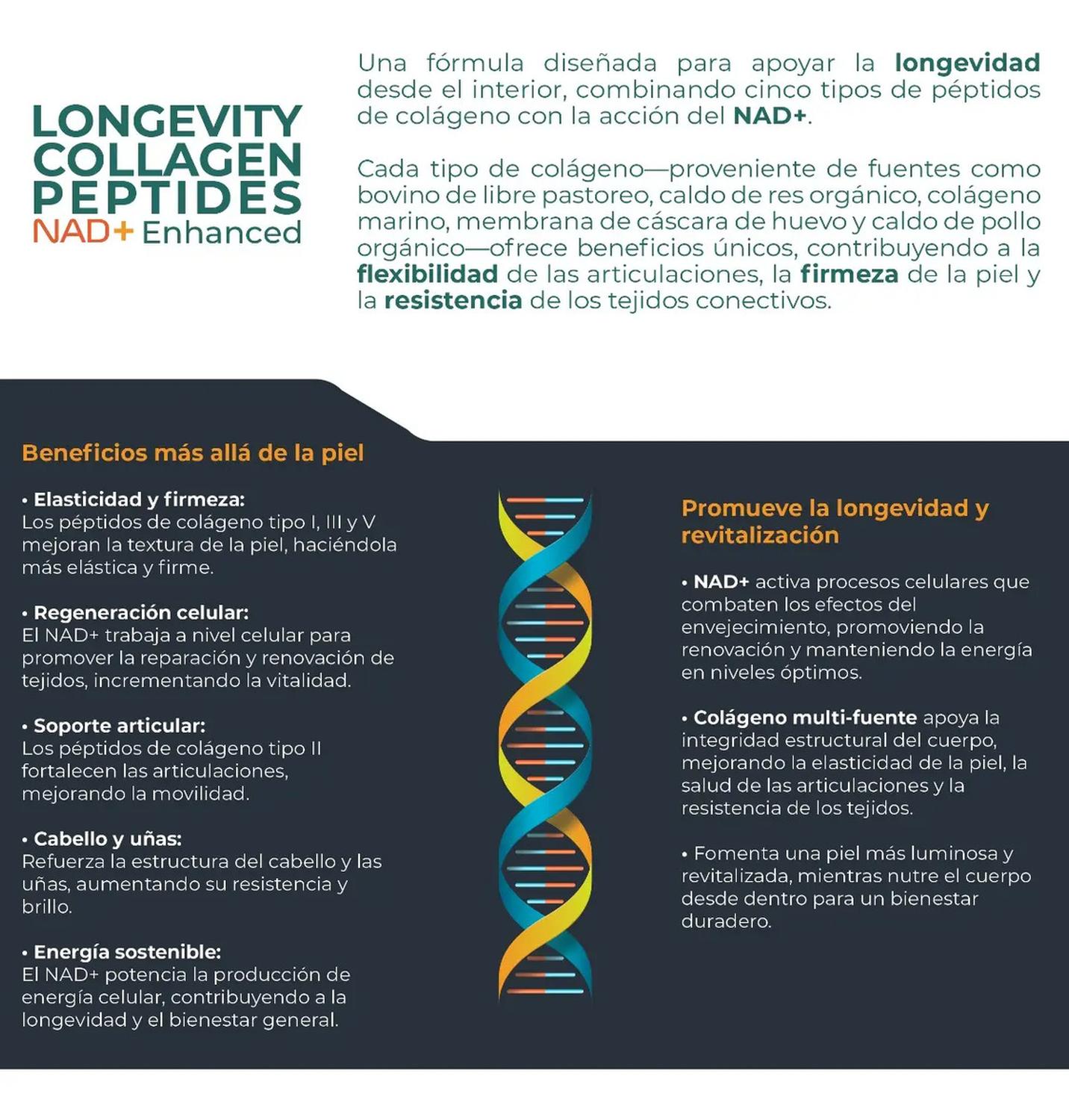 Longevity: Colágeno Hidrolizado + NAD+, Péptidos Tipos I, II, III, V y X, 150 Cápsulas — imagen 3