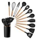 Set de Utensilios de Cocina de Silicón con Mango de Madera y Organizador