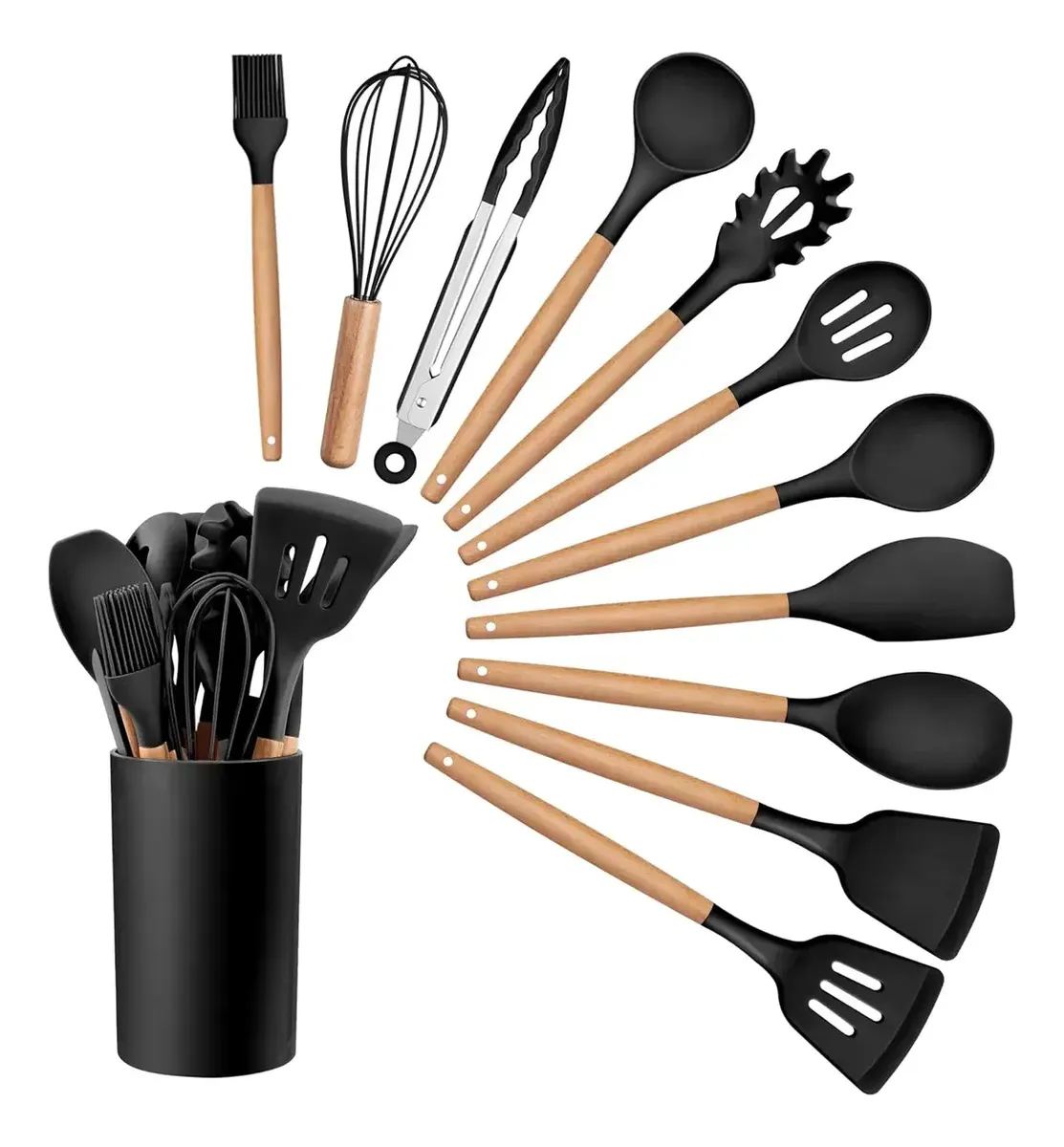 Set de Utensilios de Cocina de Silicón con Mango de Madera y Organizador — imagen 1