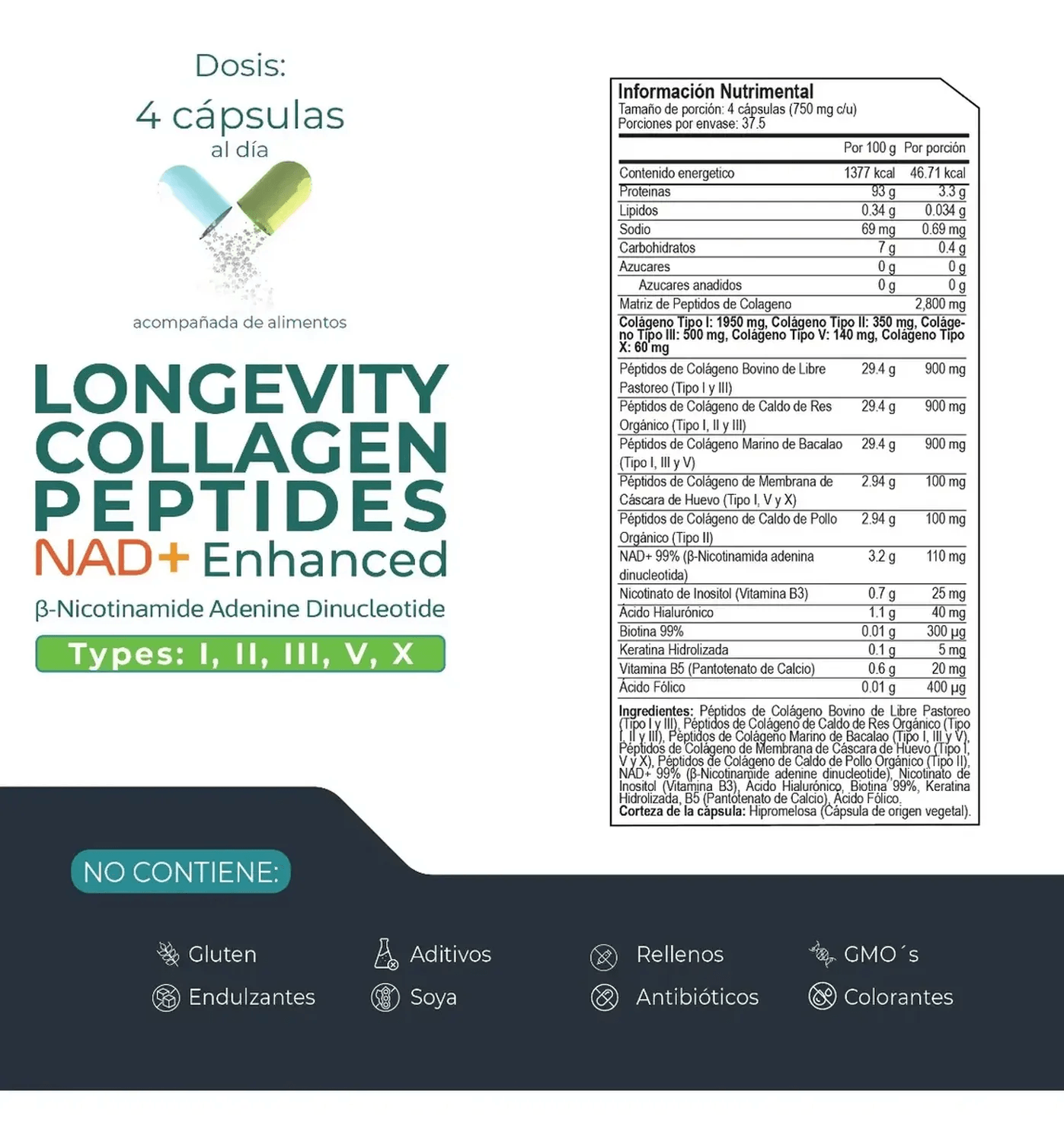 Longevity: Colágeno Hidrolizado + NAD+, Péptidos Tipos I, II, III, V y X, 150 Cápsulas — imagen 2