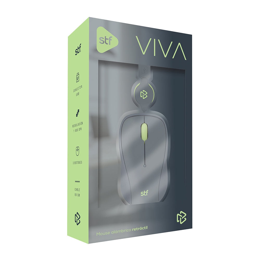 Mouse Alámbrico Retráctil STF VIVA: 1600 DPI, Ergonómico, USB, 80cm, Gris — imagen 3