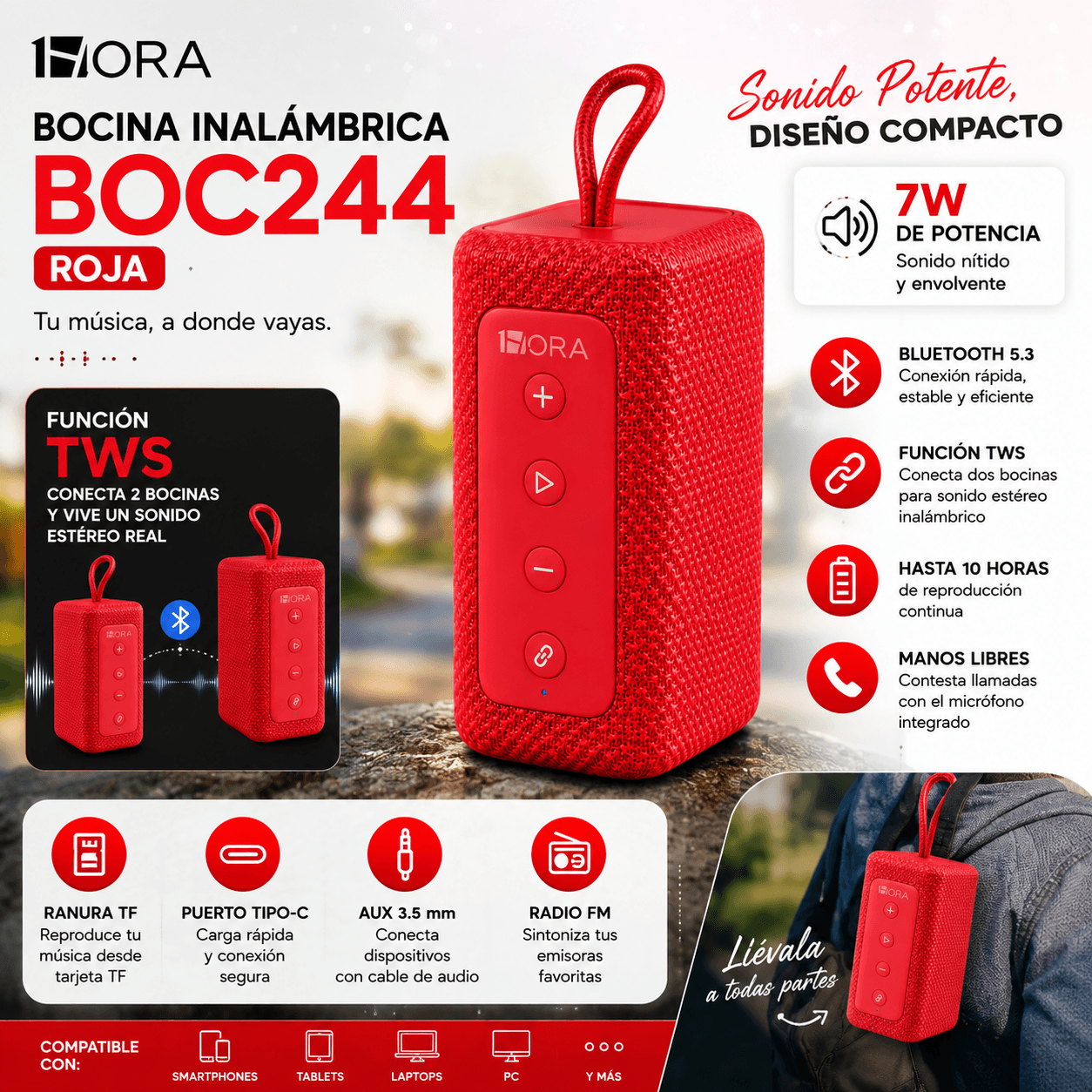 Bocina Bluetooth 1HORA BOC244 Roja Portátil con Sonido Estéreo y TWS — imagen 7