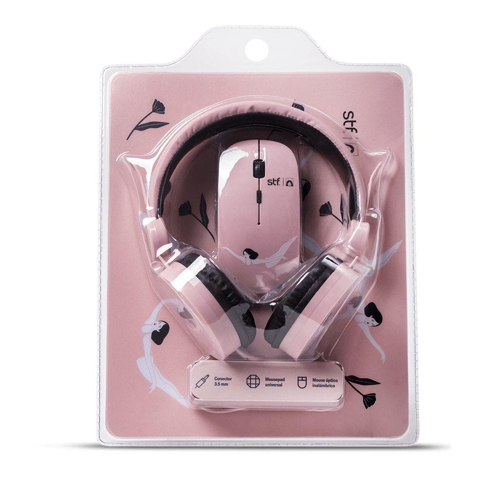Kit Audífonos, mouse y mousepad STF Mariana Motoko 3 en 1 para computadora rosa — imagen 6