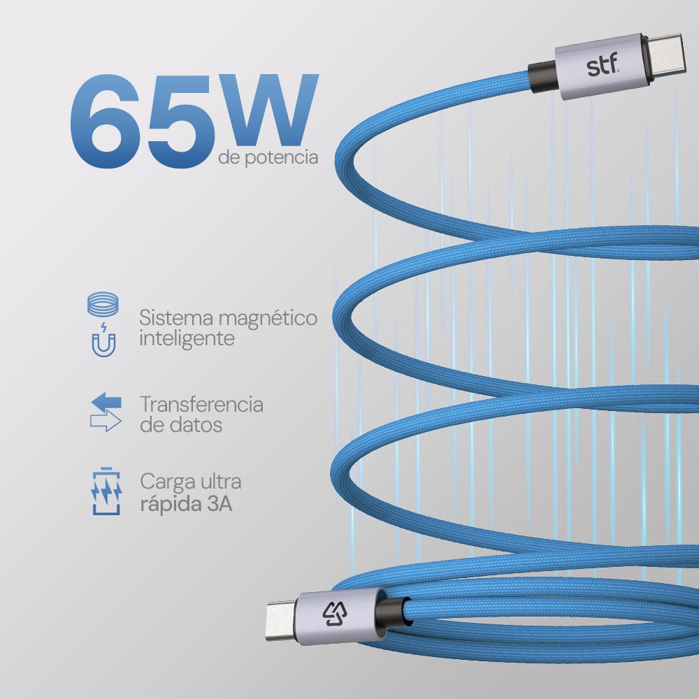Cable Magnético STF Tipo C a Tipo C: Carga Rápida, 65W, Transferencia de datos, Azul — imagen 3