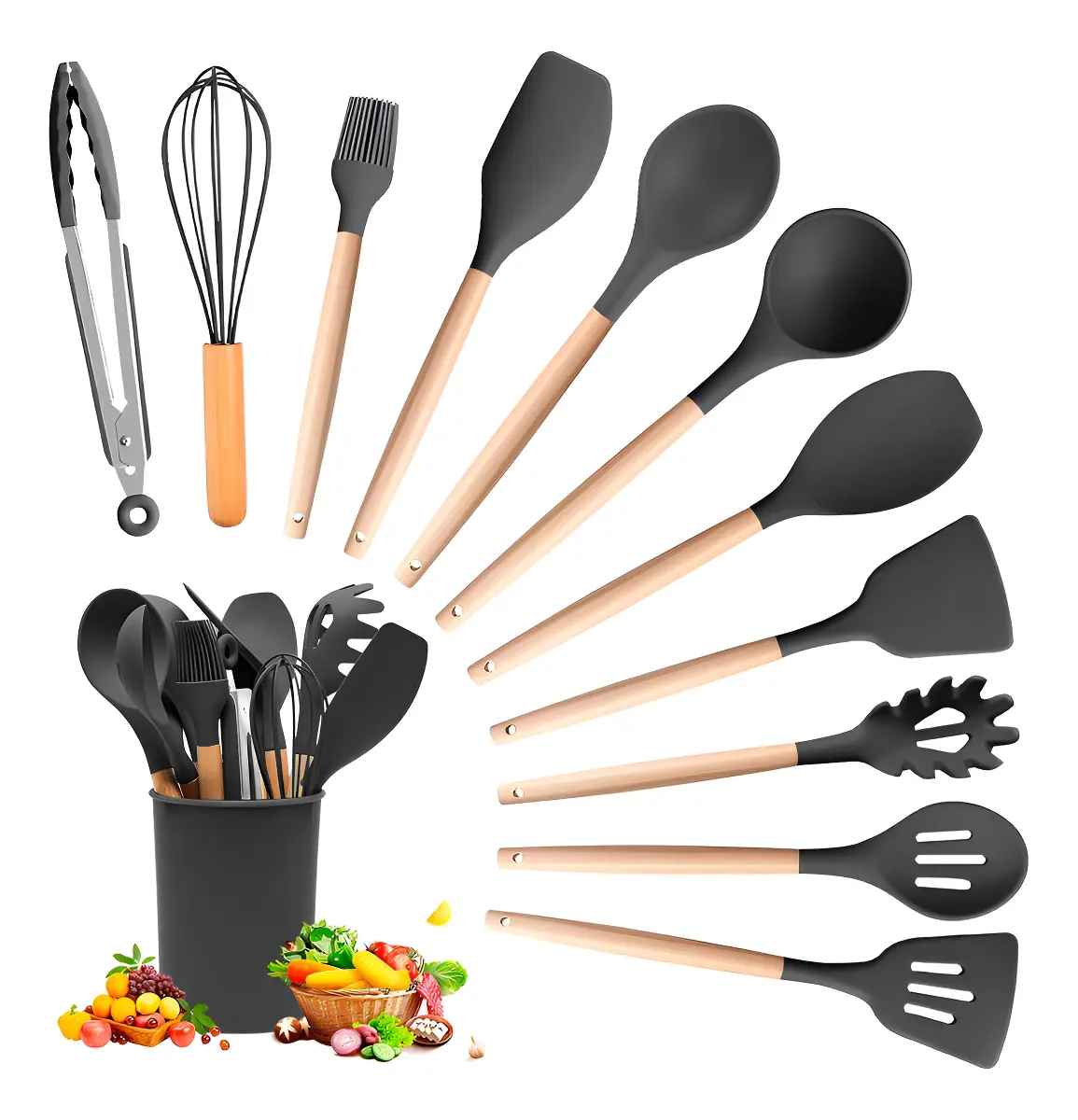 Set de Utensilios de Cocina de Silicón con Mango de Madera y Organizador — imagen 8