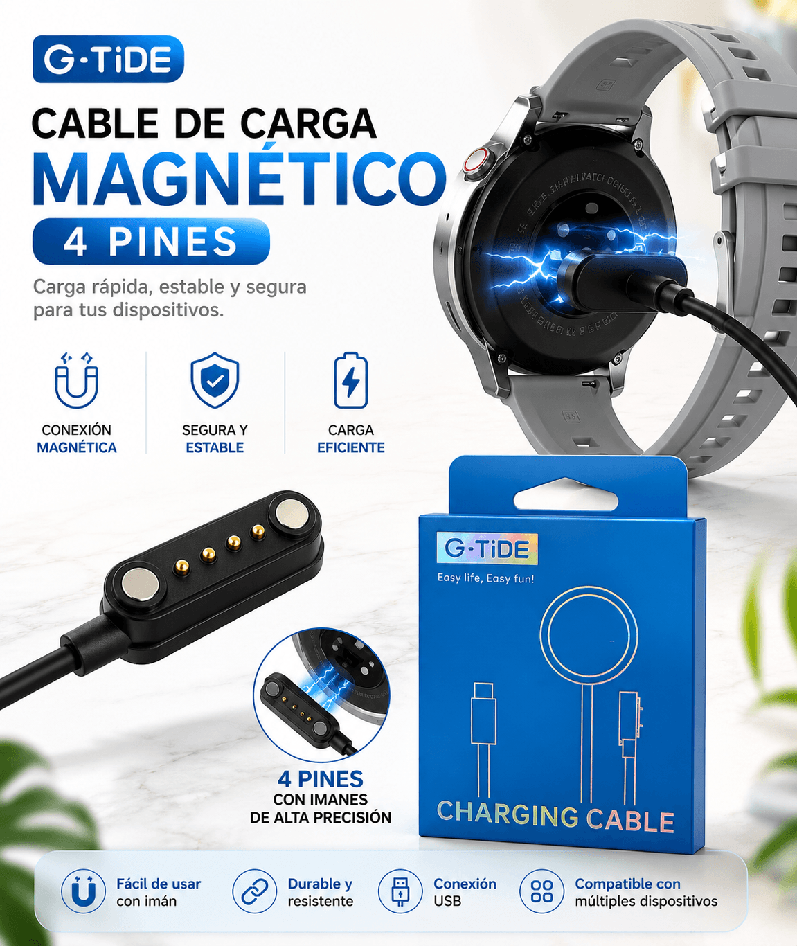 Cable de Carga Magnética de 4 Pines para Smartwatch G-Tide R9 USB Negro — imagen 2