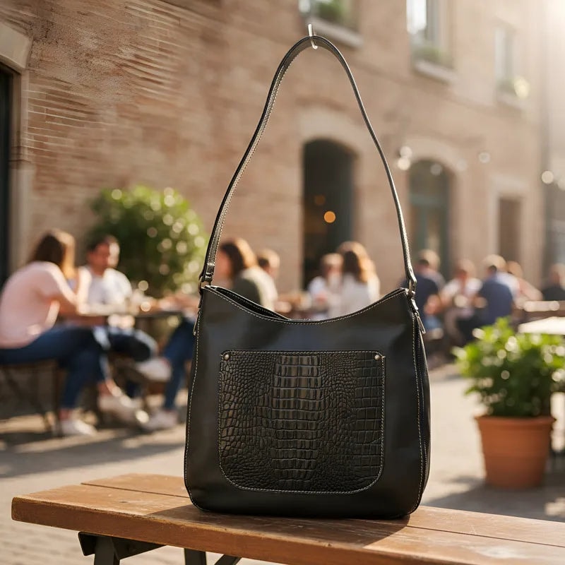 Bolsa De Hombro Negra Con Textura Tipo Exotico Cassandra — imagen 2