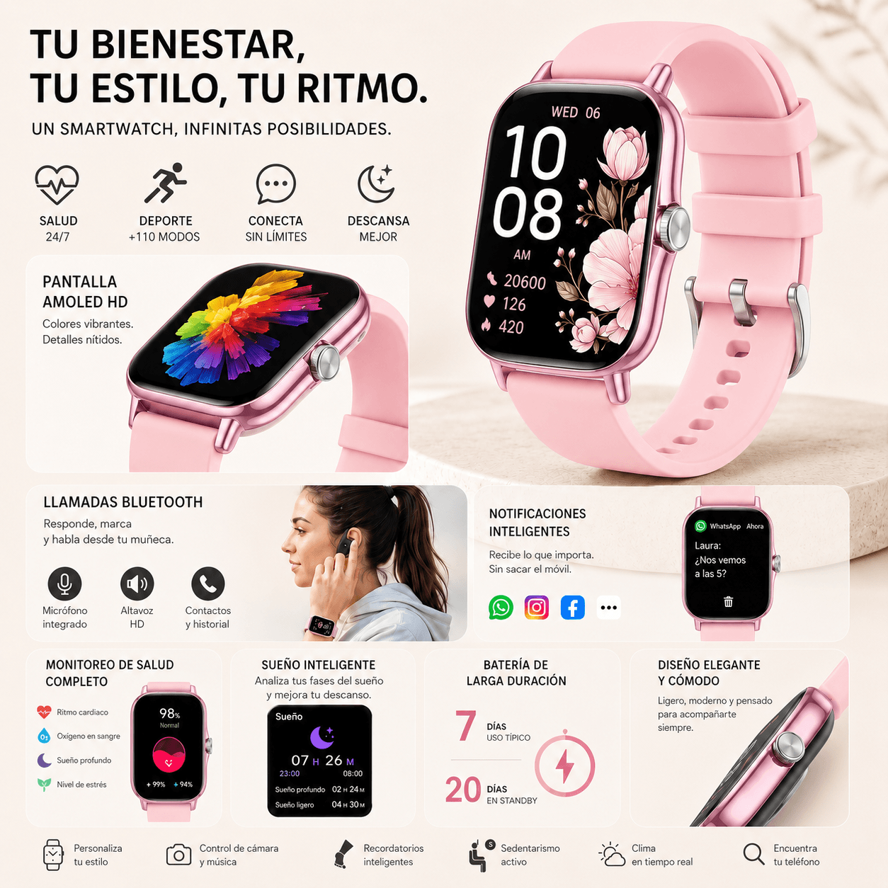 Smartwatch con Llamadas Bluetooth, Pantalla HD 1.75” FM13 , Asistente de Voz y Modos Deportivos Rosa — imagen 6