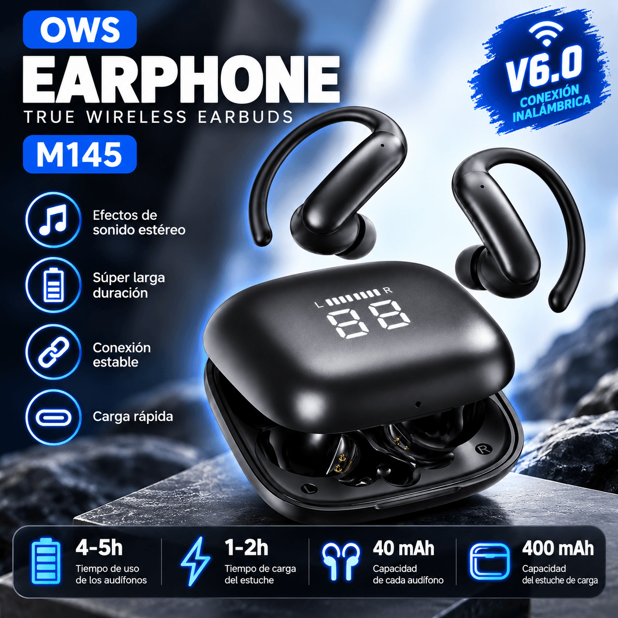 Audífonos Bluetooth Deportivos TECNIQUERO SportLoop M145 Gancho Ergonómico, Sonido Estéreo y Estuche de Carga — imagen 2