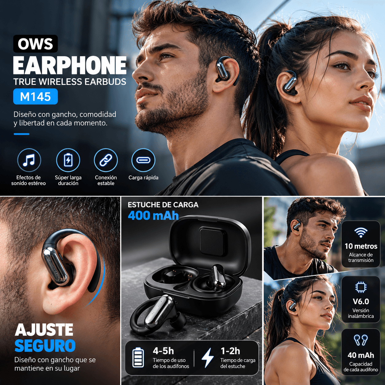 Audífonos Bluetooth Deportivos TECNIQUERO SportLoop M145 Gancho Ergonómico, Sonido Estéreo y Estuche de Carga — imagen 6