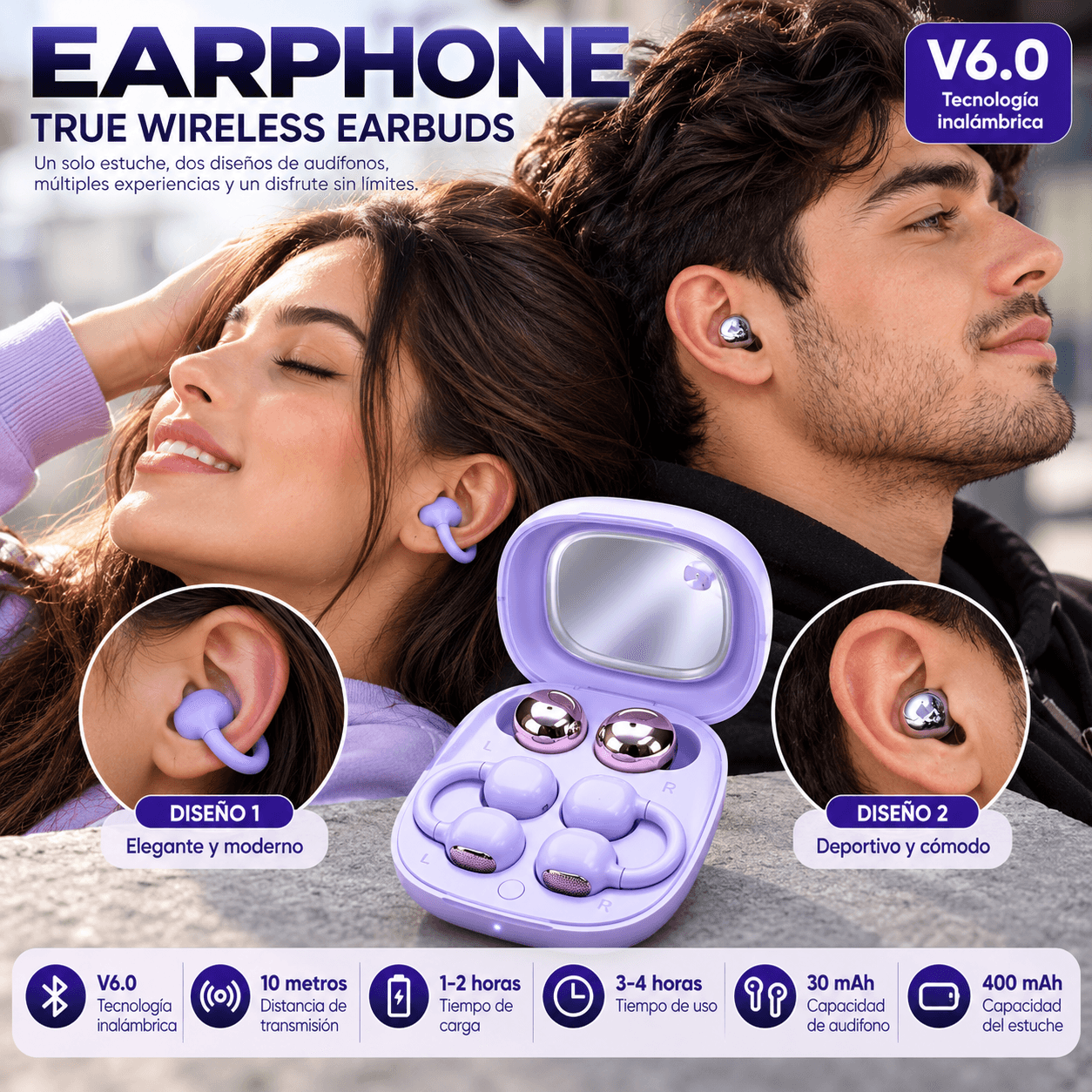 Audífonos Bluetooth 2 en 1 TECNIQUERO DuoFit M165 Dos Diseños + Estuche con Espejo — imagen 5