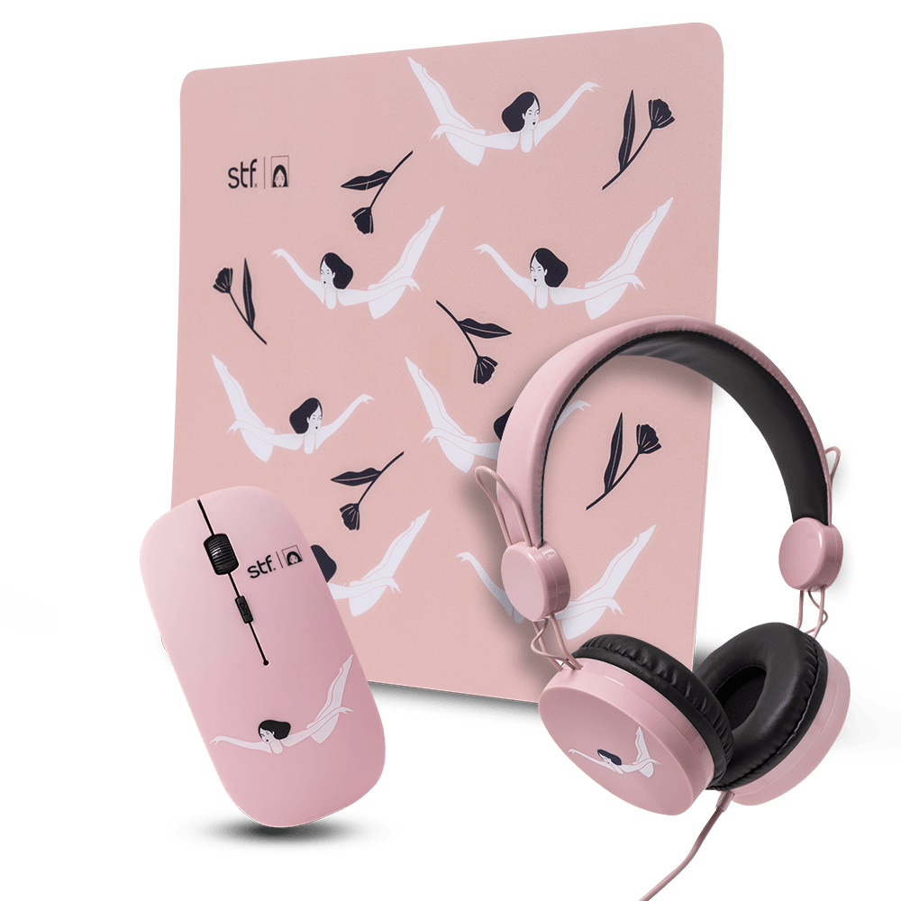 Kit Audífonos, mouse y mousepad STF Mariana Motoko 3 en 1 para computadora rosa — imagen 2