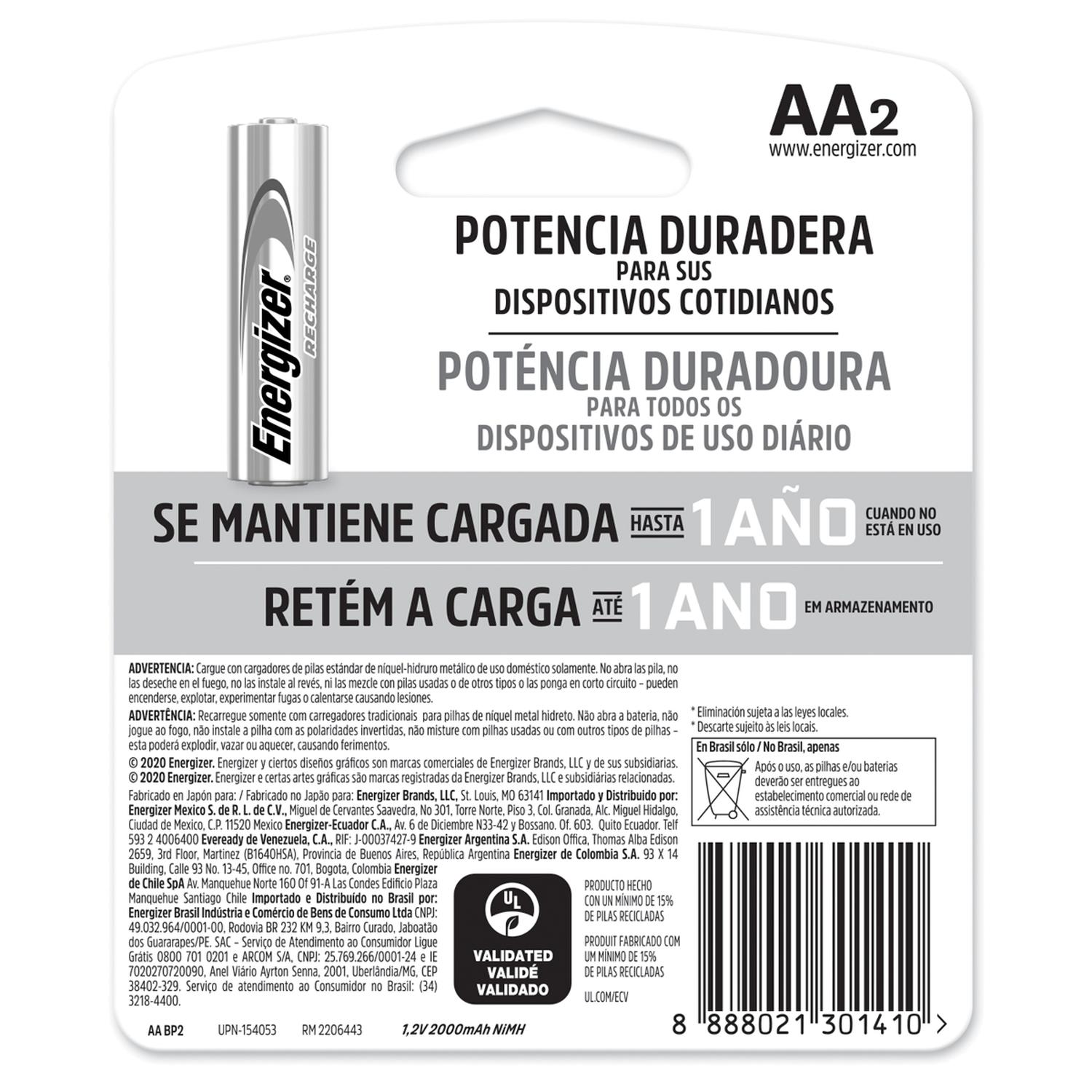 Pila Energizer Recargable Aa 2000 Mah Nimh 1500 Recargas — imagen 6