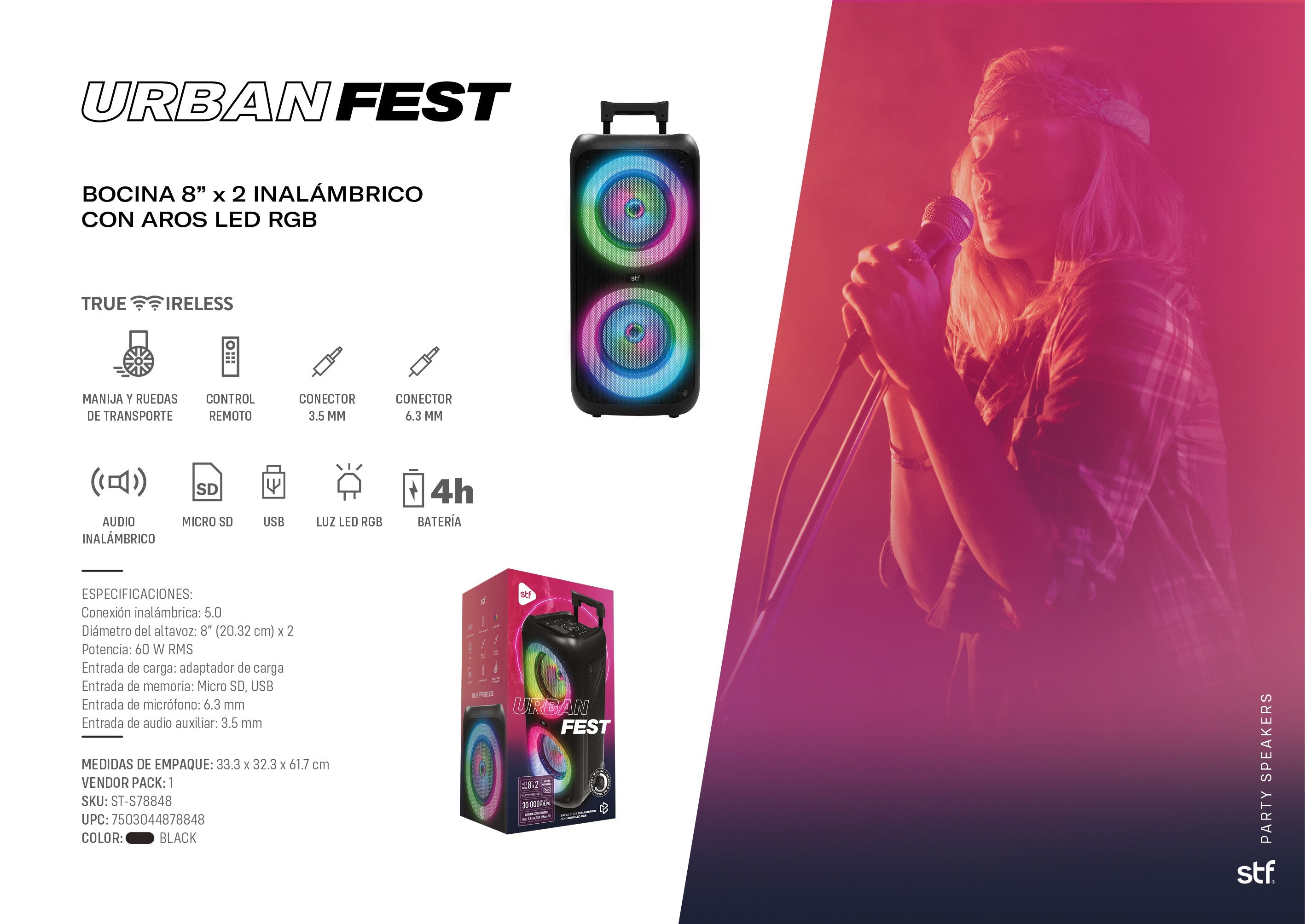 Bafle Bocina Portatil Urban Fest 8x2 STF 60W 4 hrs Uso — imagen 10