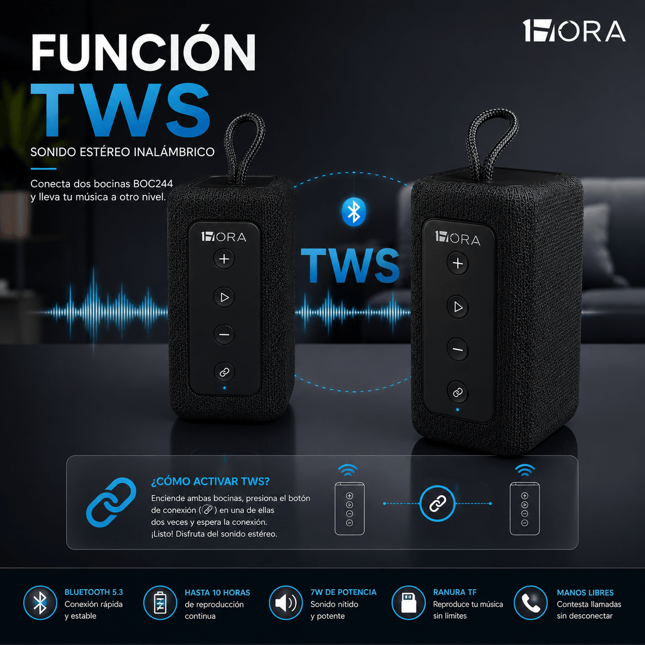 Bocina Bluetooth 1HORA BOC244 Negra Portátil con Sonido Estéreo y TWS — imagen 6