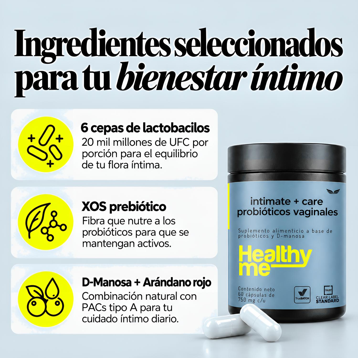 Healthy Me Intimate Care: Probióticos Vaginales con 6 Cepas, D-Manosa, Arándano y XOS, 60 Cápsulas — imagen 2
