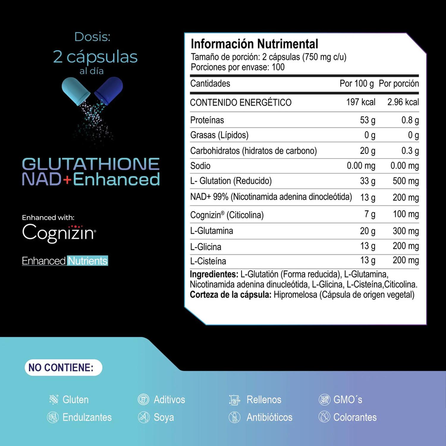 Essentials: L-Glutatión con NAD+, Cognizin Citicolina y Aminoácidos, Antioxidante, 200 Cápsulas — imagen 2