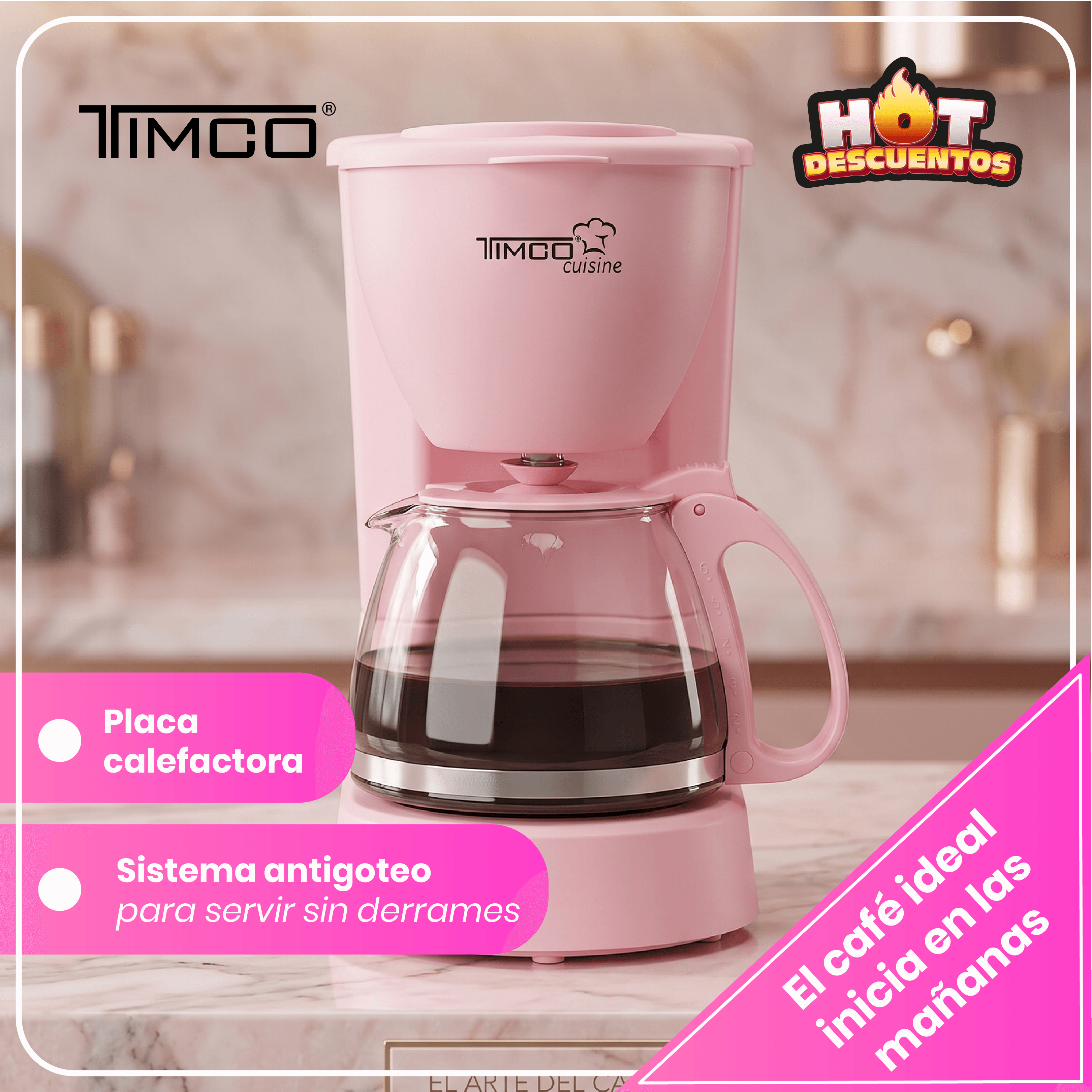 Cafetera Eléctrica Rosa 750 ml Filtro Permanente Antigoteo con Placa Calefactora CAFWJ9008 Timco — image 4