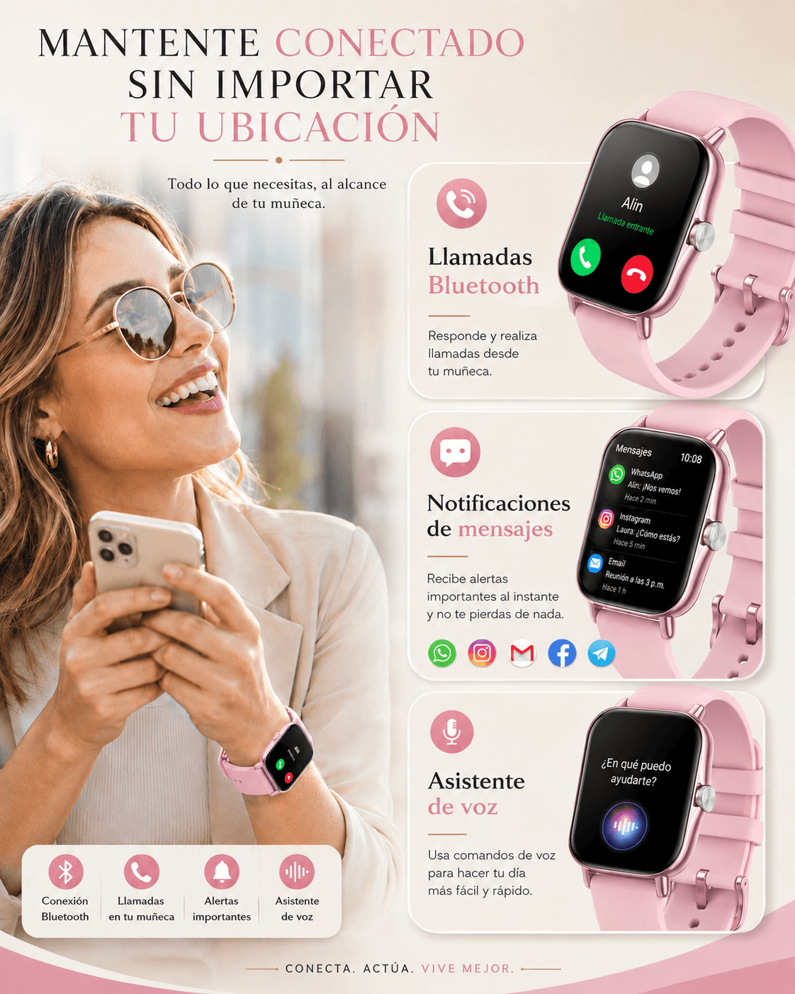 Smartwatch con Llamadas Bluetooth, Pantalla HD 1.75” FM13 , Asistente de Voz y Modos Deportivos Rosa — imagen 3