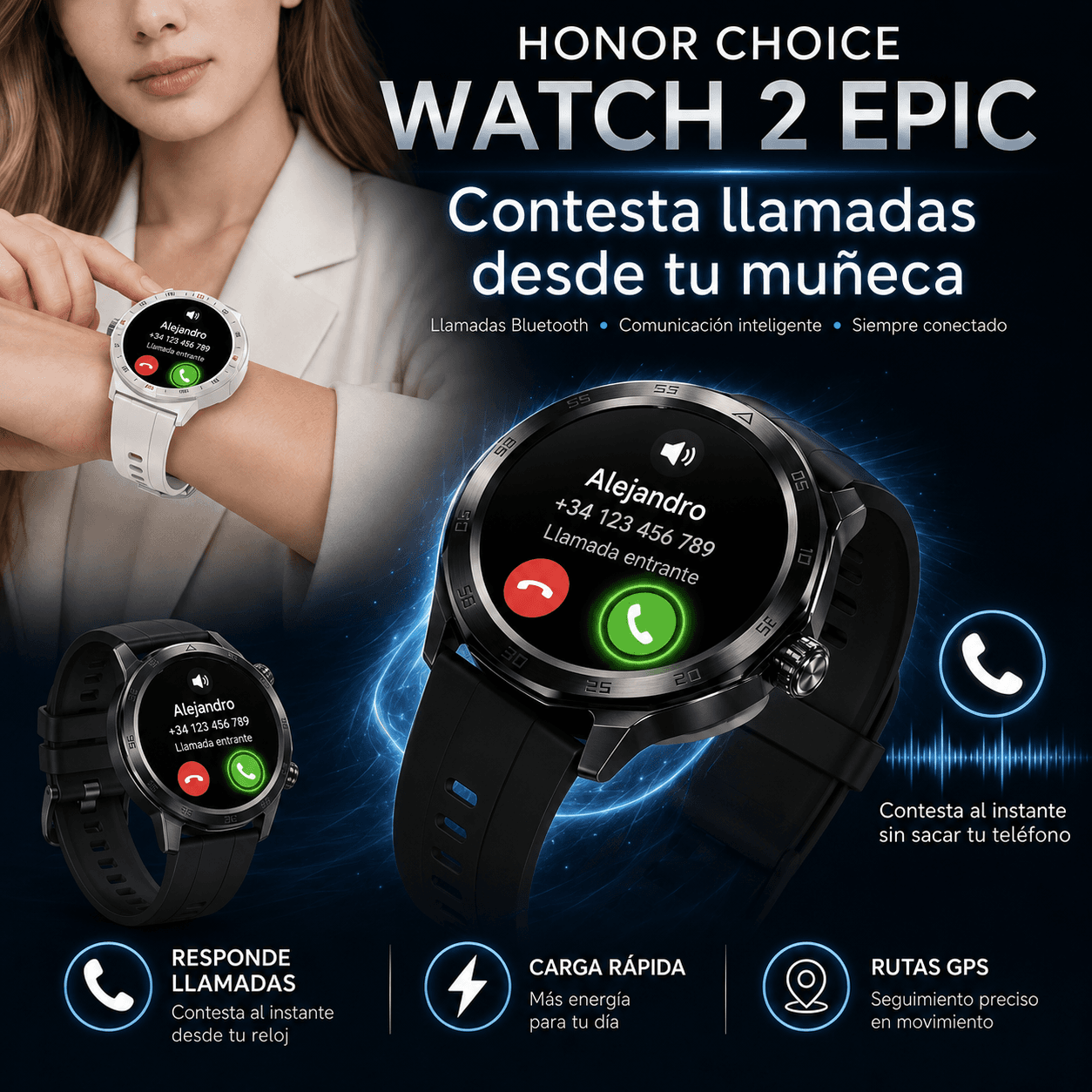 Smartwatch HONOR CHOICE Watch 2 Epic AMOLED con GPS, Llamadas Bluetooth y 5ATM — imagen 3
