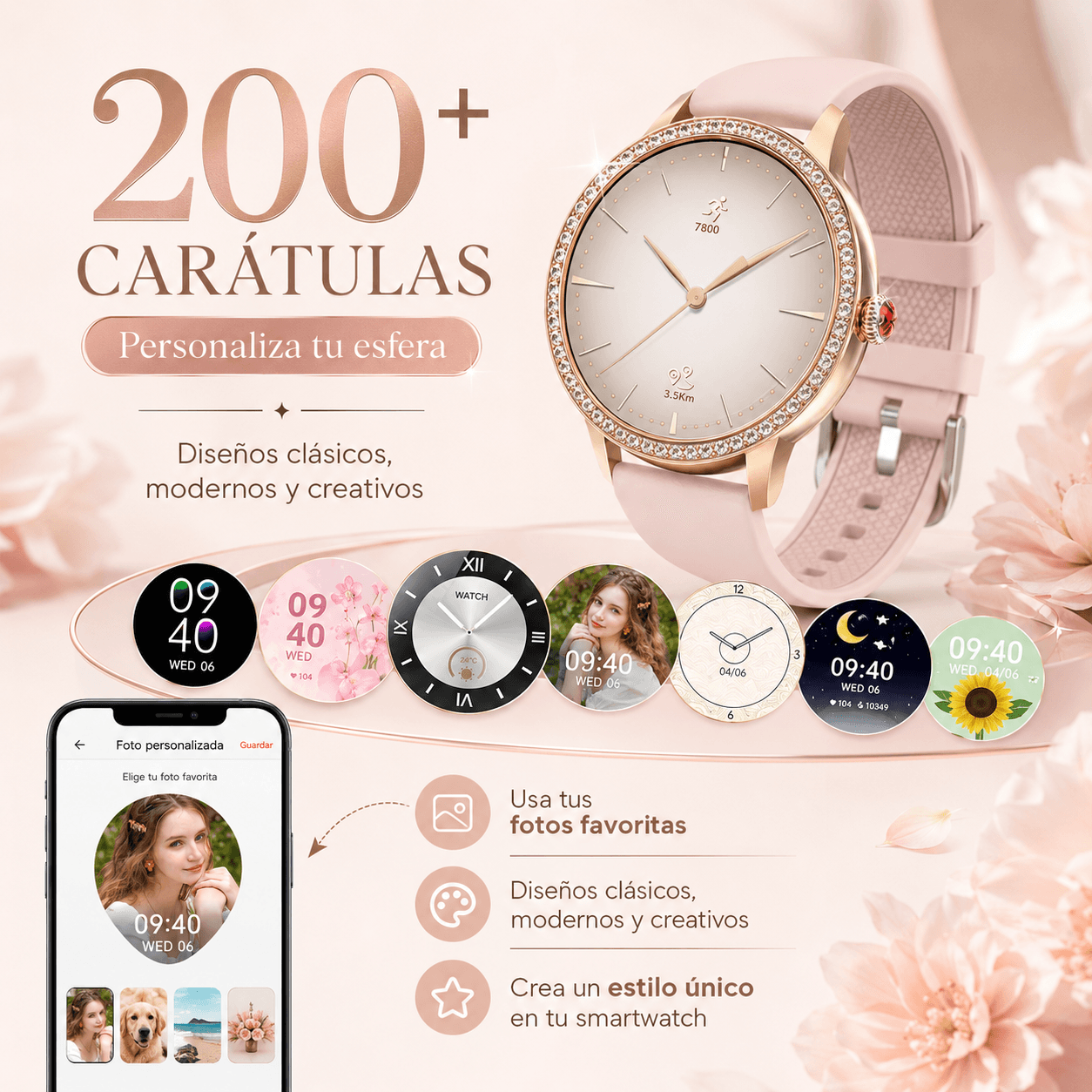Combo Smartwatch Elegante para Dama Rosé + Audífonos G-Tide L42 Rosa + Bocina Bluetooth Sanag X6S — imagen 14