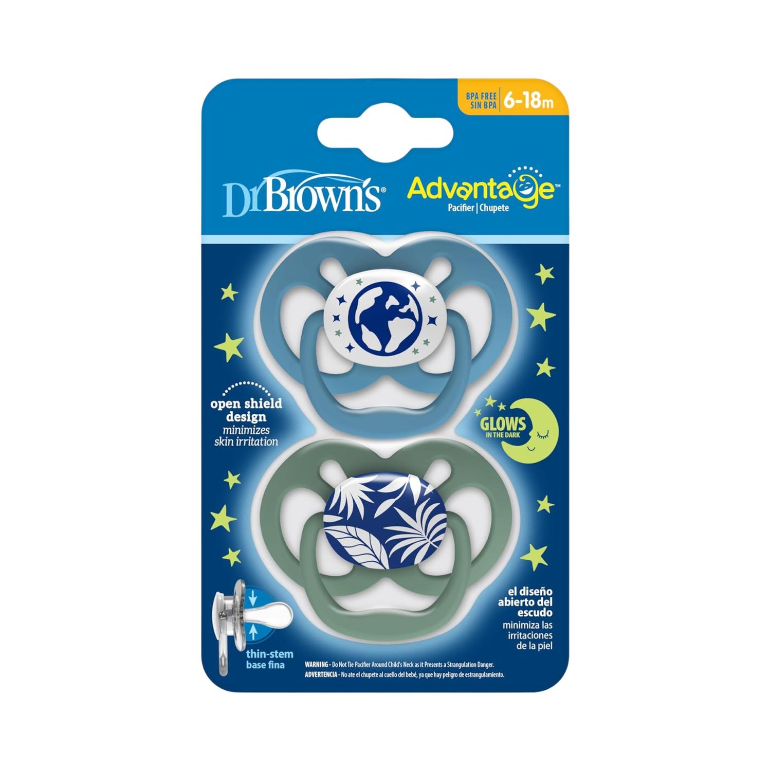 2 Pack Chupones Advantage 6-18m Brilla En La Oscuridad Etapa 2 Dr Brown´s Color Azul — imagen 1