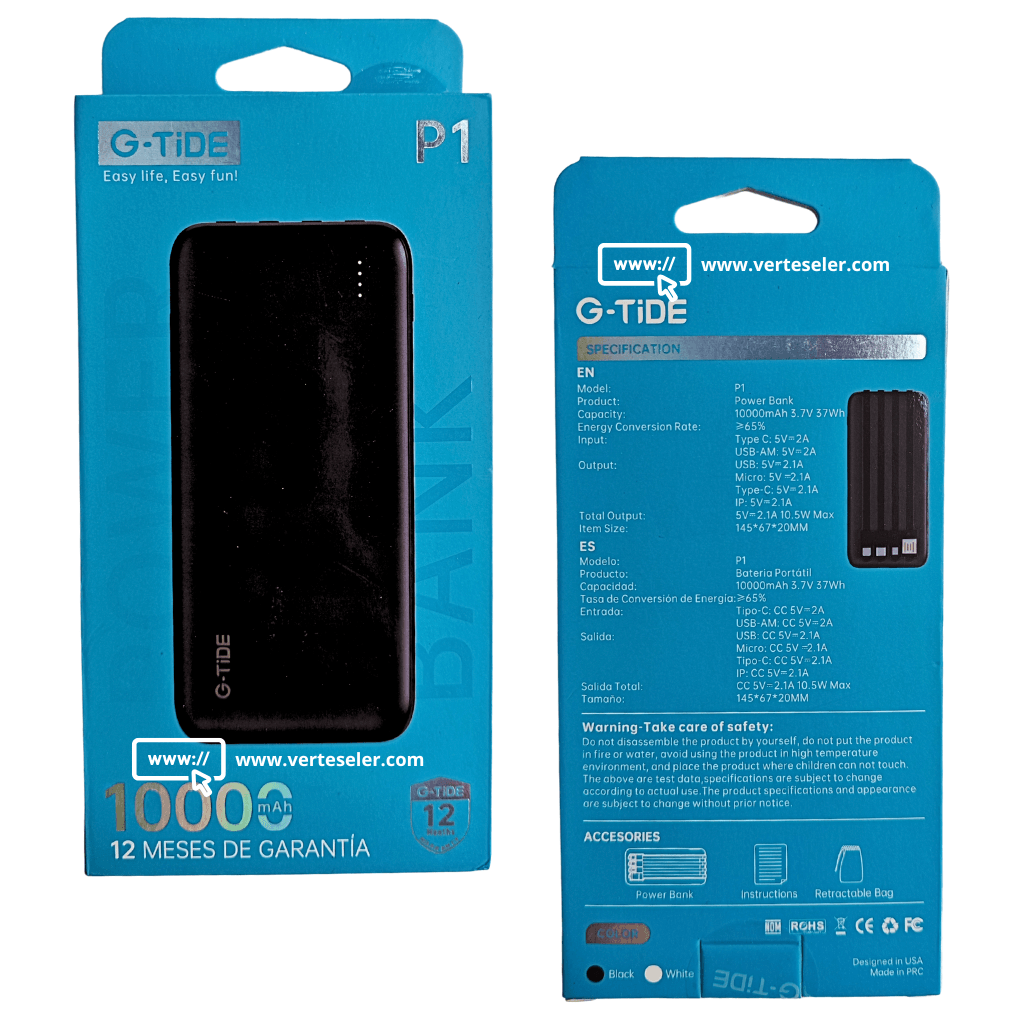 Power bank 10000Mha G-tide p1 con cables de carga multiples.Negro — imagen 4