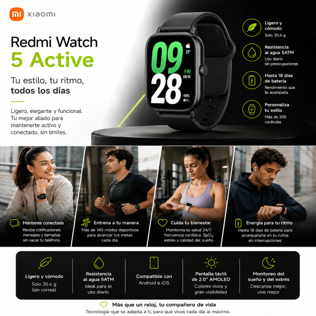 SMARTWATCH REDMI WATCH 5 ACTIVE (NEGRO) + AUDIFONOS G-TIDE FUTURE LOOPS (NEGRO) — imagen 8