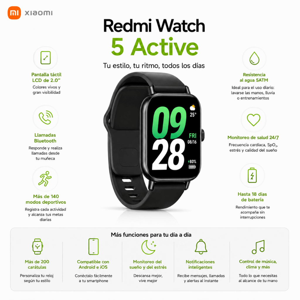 SMARTWATCH REDMI WATCH 5 ACTIVE (NEGRO) + AUDIFONOS G-TIDE FUTURE LOOPS (NEGRO) — imagen 6