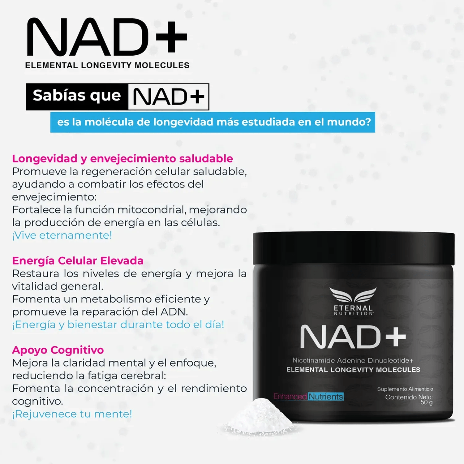 NAD+ Puro en Polvo 500 mg, Energía Mitocondrial, Sirtuinas y Longevidad Celular, 100 Porciones — imagen 5