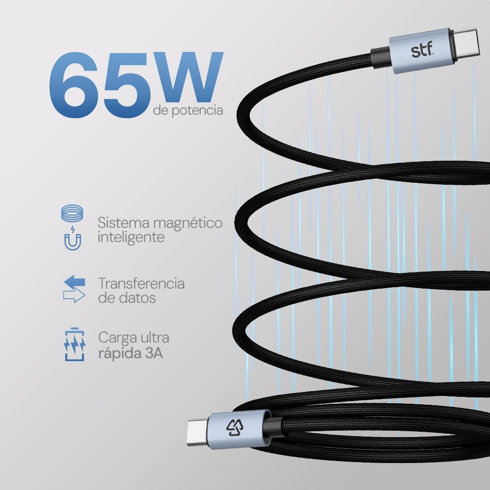Cable Magnético STF Tipo C a Tipo C: Carga Rápida, 65W, Transferencia de datos, Negro — imagen 3