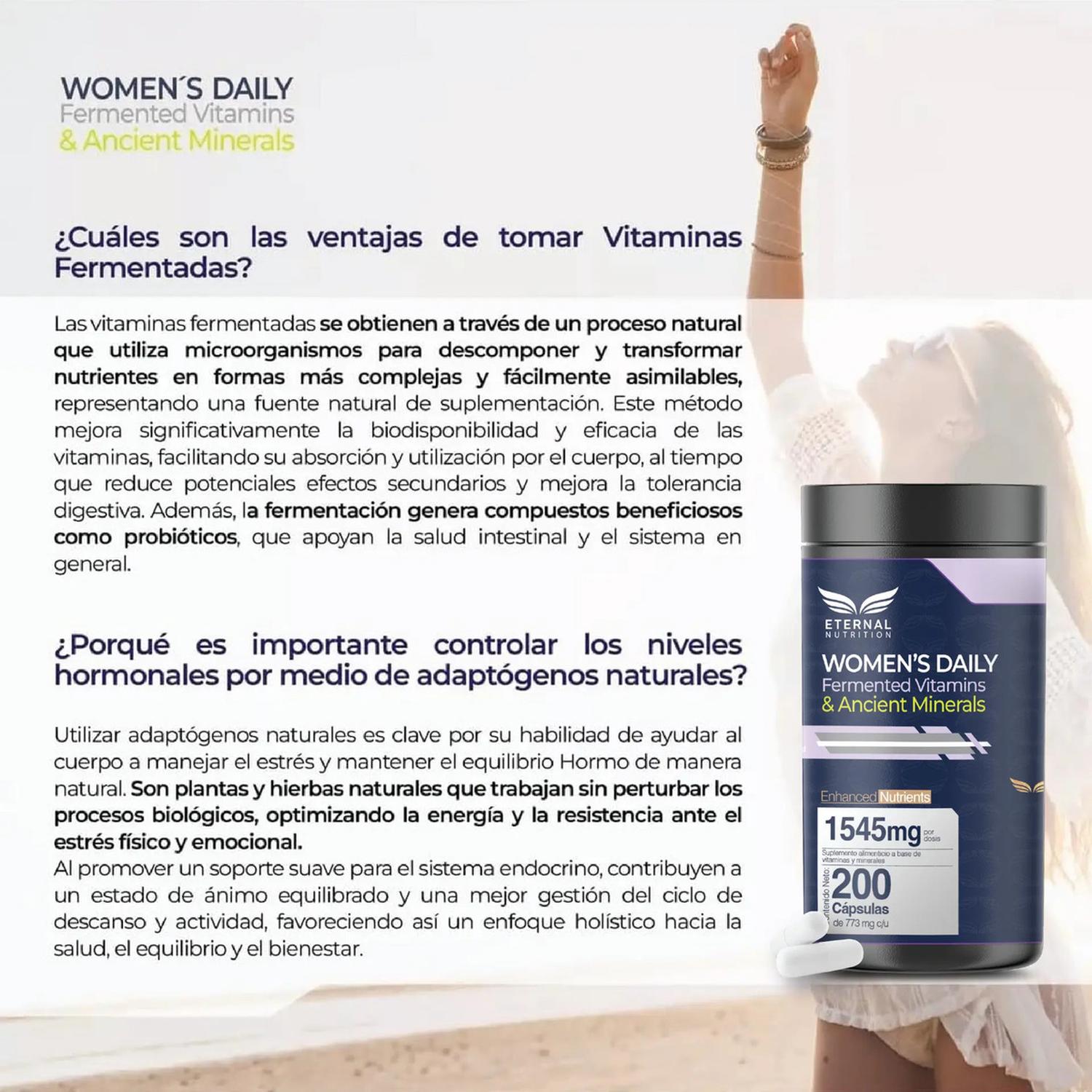 Women's Daily: Multivitamínico 4 en 1: Vitaminas, Minerales, Complejo B y Adaptógenos, 200 Cápsulas — imagen 3