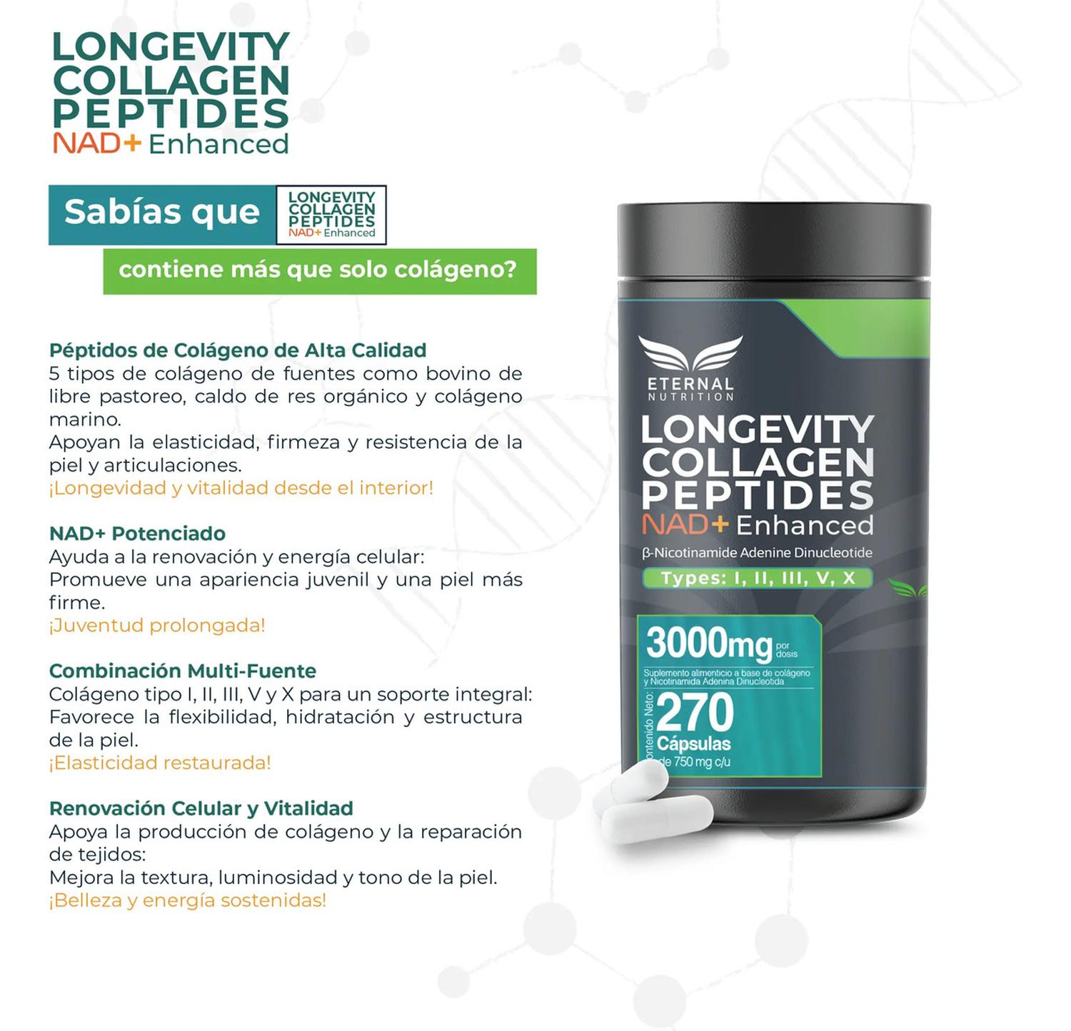 Longevity: Colágeno Hidrolizado + NAD+, Péptidos Tipos I, II, III, V y X, 270 Cápsulas — imagen 5