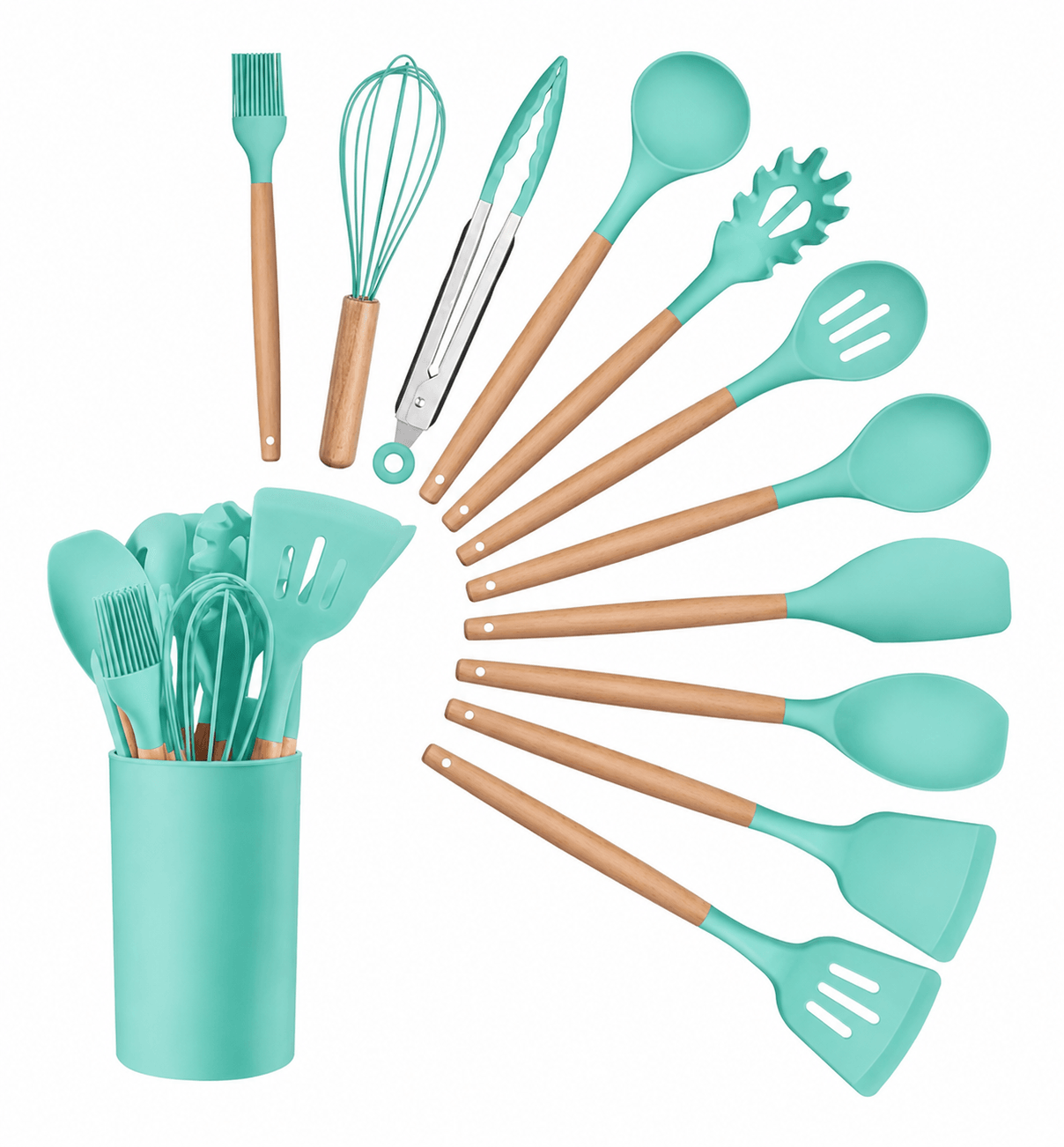 Set de Utensilios de Cocina de Silicón con Mango de Madera y Organizador — imagen 7